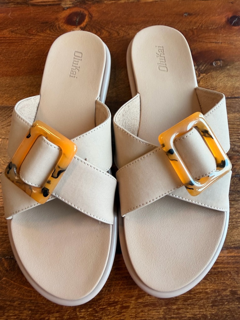 OluKai Women's Neutral Slide Sandals with Amber Tortoiseshell Buckles